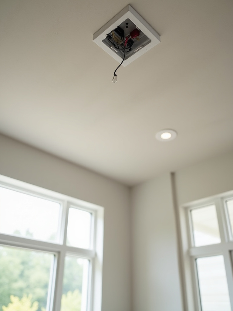Close-up of a ceiling junction box being evaluated for electrical capacity in a modern living room, with wires visible and a bright ceiling.