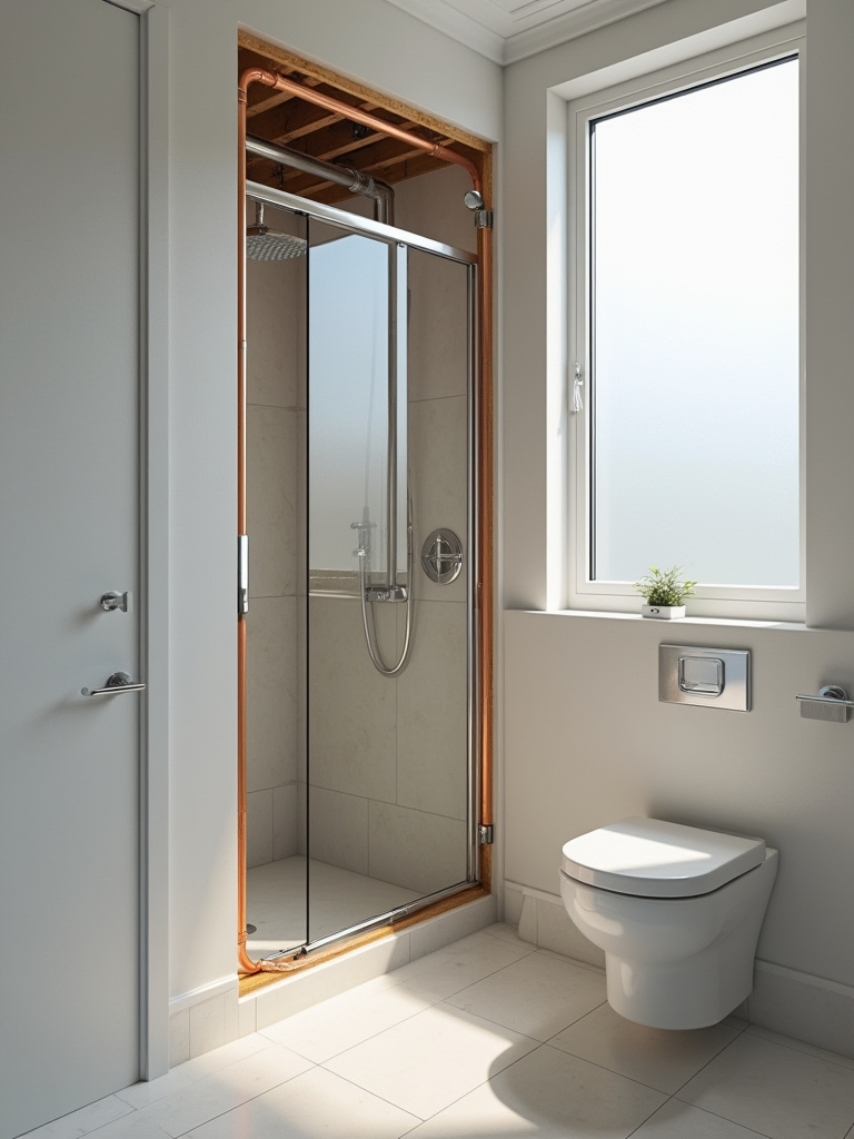Portrait of a small bathroom showing a wall with exposed plumbing lines behind a panel
