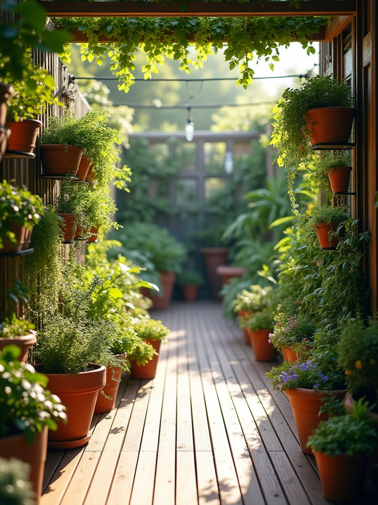 Portrait view of a well-spaced patio plant oasis with vertical garden and tiered stands.