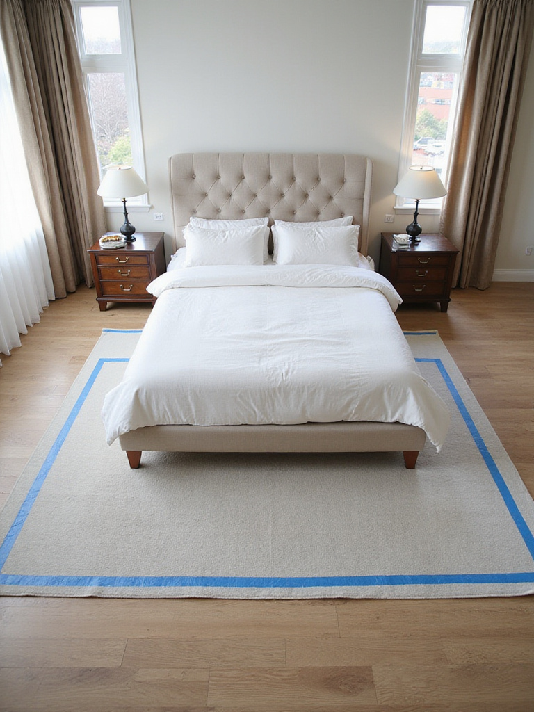 Elegant bedroom featuring a strategically outlined rug area with painter's tape, illustrating the concept of evaluating room size for optimal bedroom rug dimensions and proper placement under a bed and nightstands.