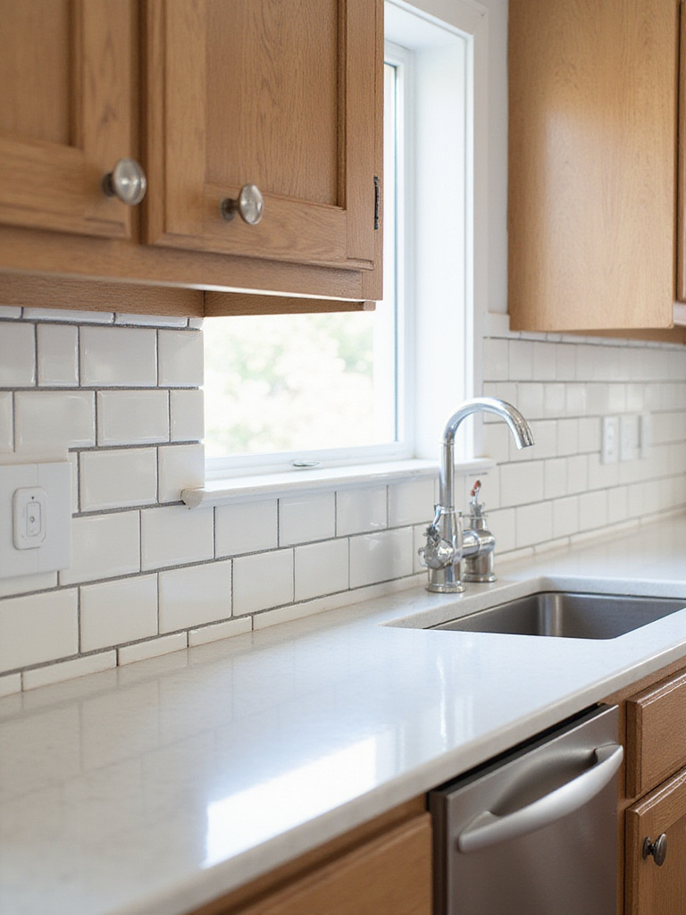 A kitchen backsplash showcasing subway tiles in both classic white ceramic 3x6 running bond with light grout, and contemporary larger format matte vertical stack with dark grout, demonstrating different styles.