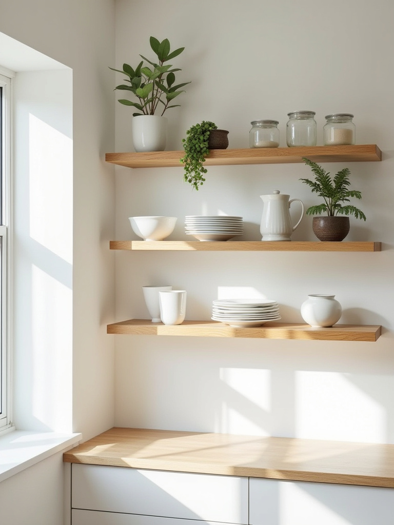 Stylish kitchen with light wood open floating shelves displaying white ceramics and green plants. Enhances character and accessibility.