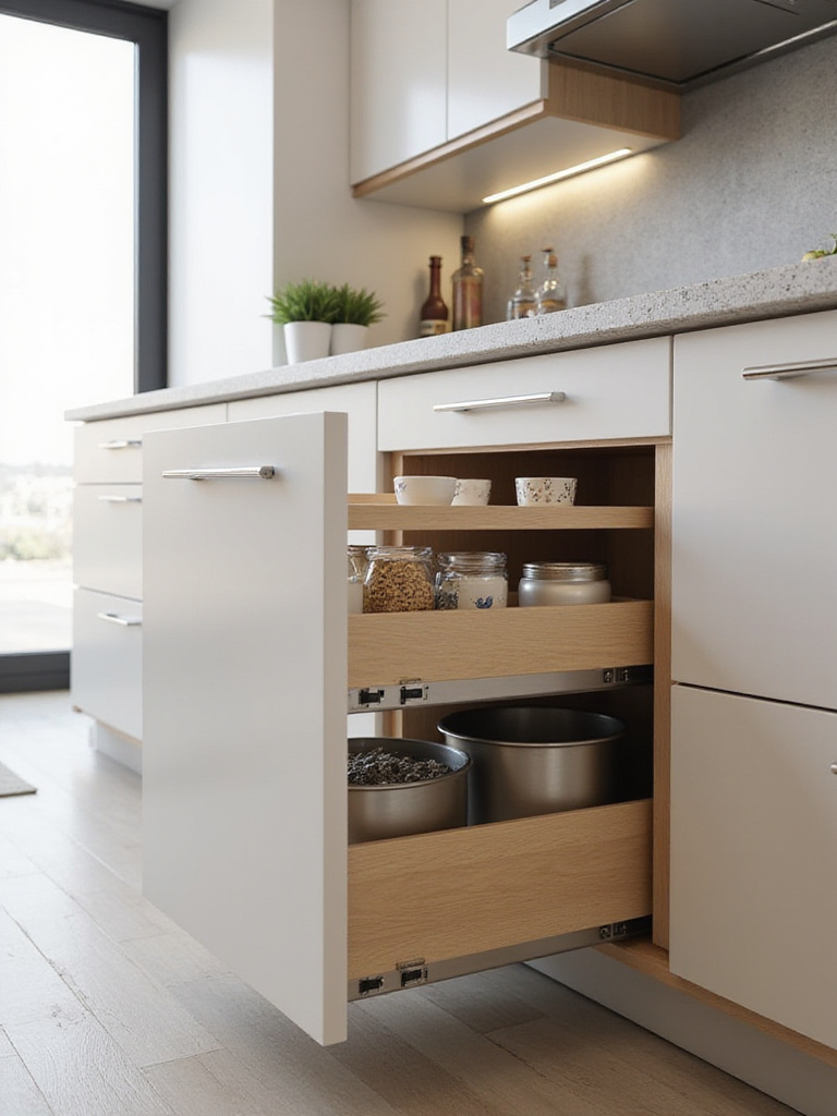 Portrait view of a kitchen island with integrated pull-out shelves and a hidden trash bin