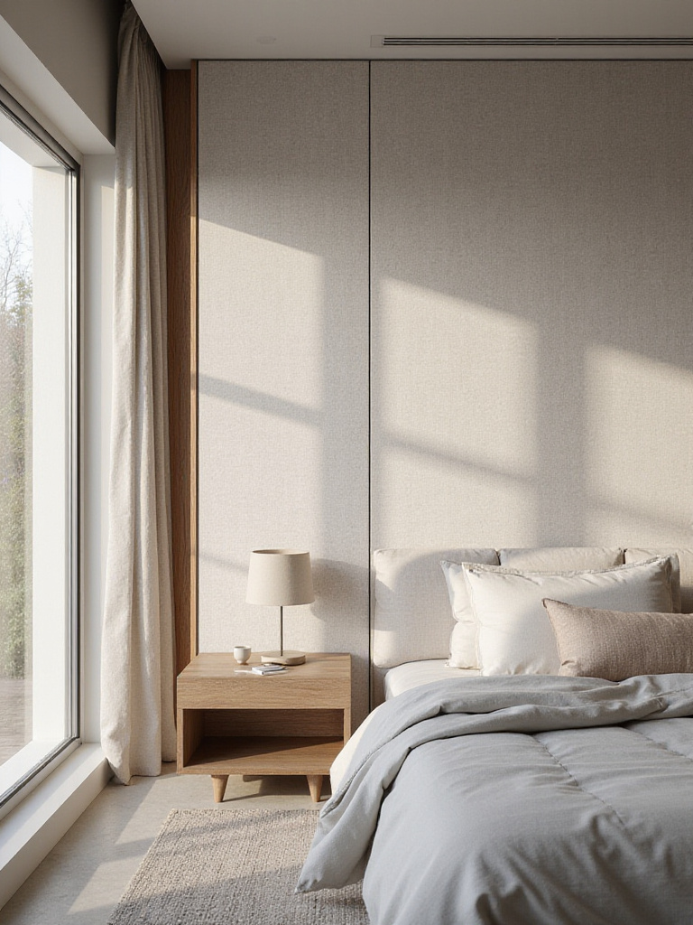 Bedroom with light grey grasscloth textural wallpaper on an accent wall, adding depth and visual interest.