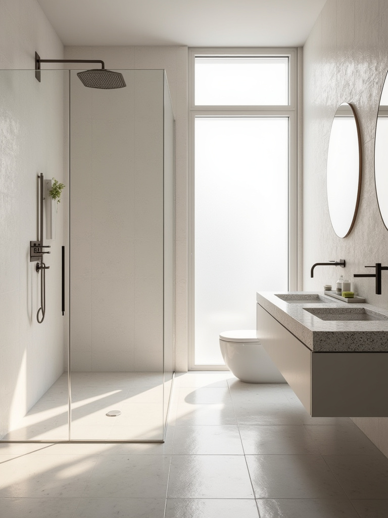 Elegant modern bathroom showcasing a harmonious blend of artisanal zellige tiles on the shower wall, industrial concrete effect tiles on the floor, and speckled terrazzo on the vanity, all illuminated by soft natural light.