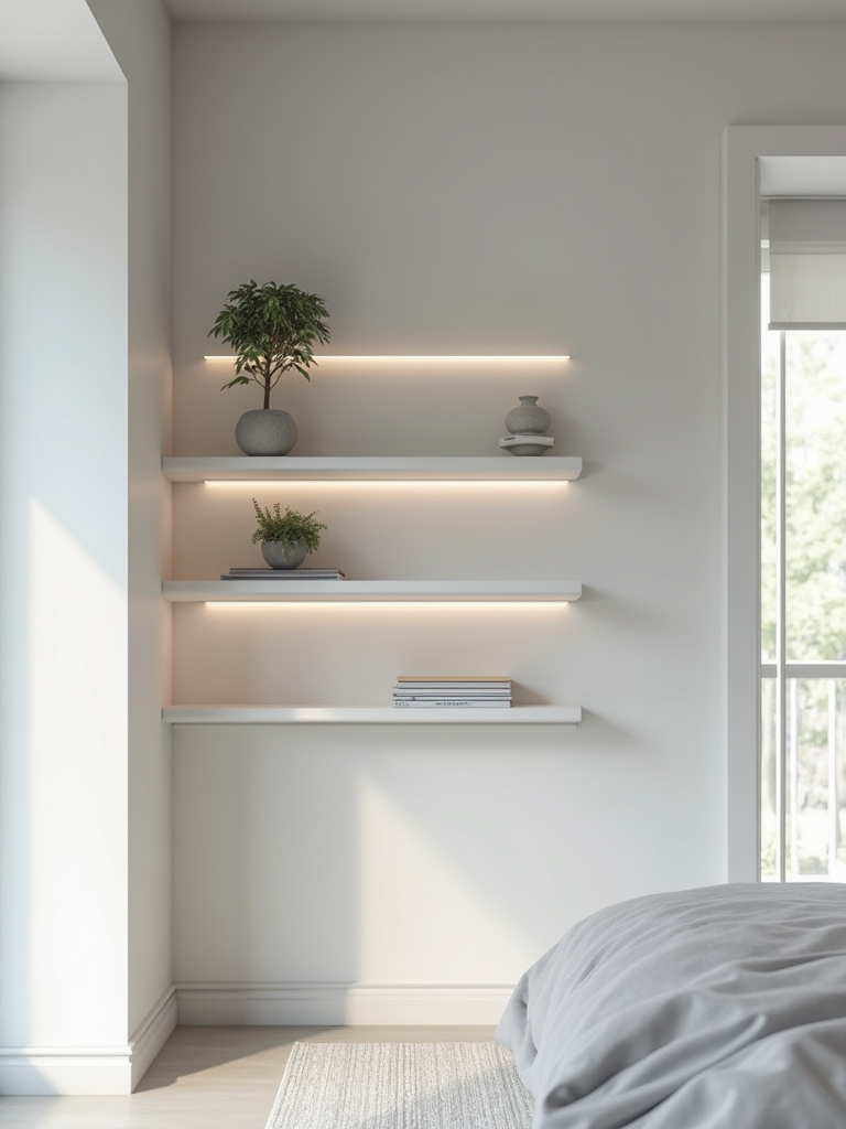 Modern minimalist bedroom featuring white wall-mounted floating shelves with subtle LED lighting, enhancing a sense of openness and clean lines.