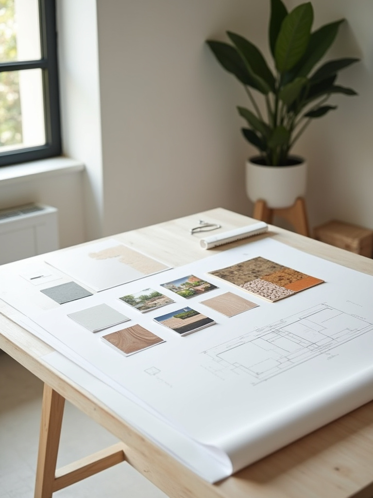 Mood board and design elements for defining a backyard patio's purpose and aesthetic, including material swatches and conceptual sketches, under soft natural light.