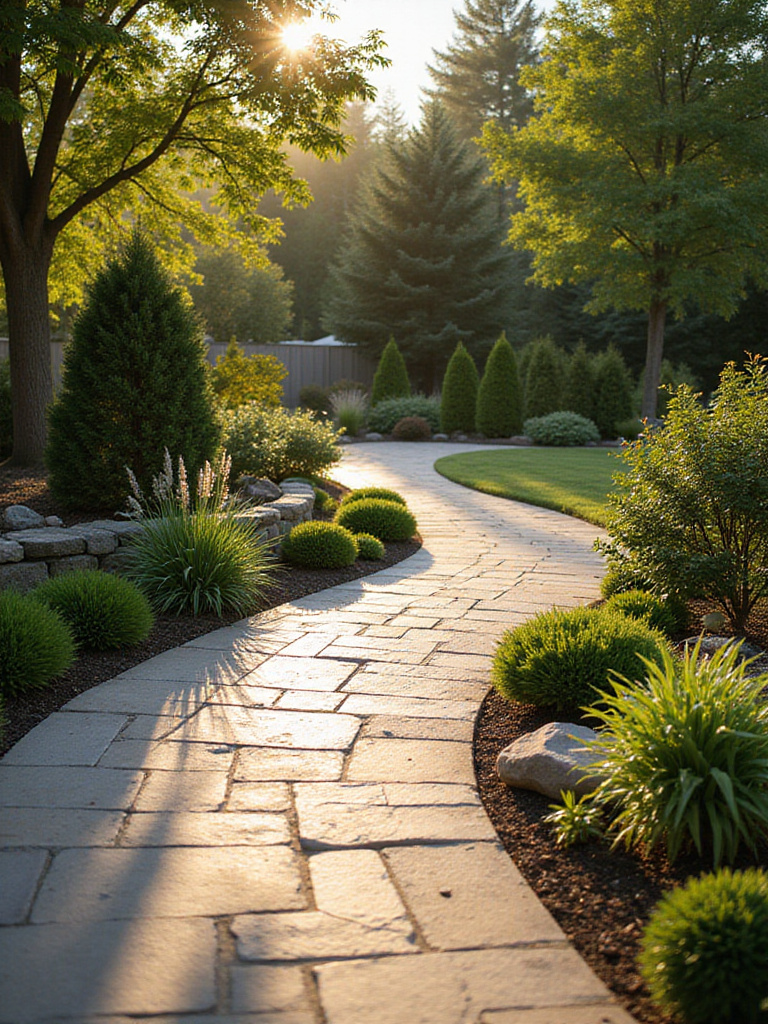 Beautiful flagstone walkway with subtle LED lighting and raised garden bed featuring natural stone edging in a modern backyard patio. The defined pathway leads to a cozy outdoor seating area, illustrating cohesive backyard patio design.