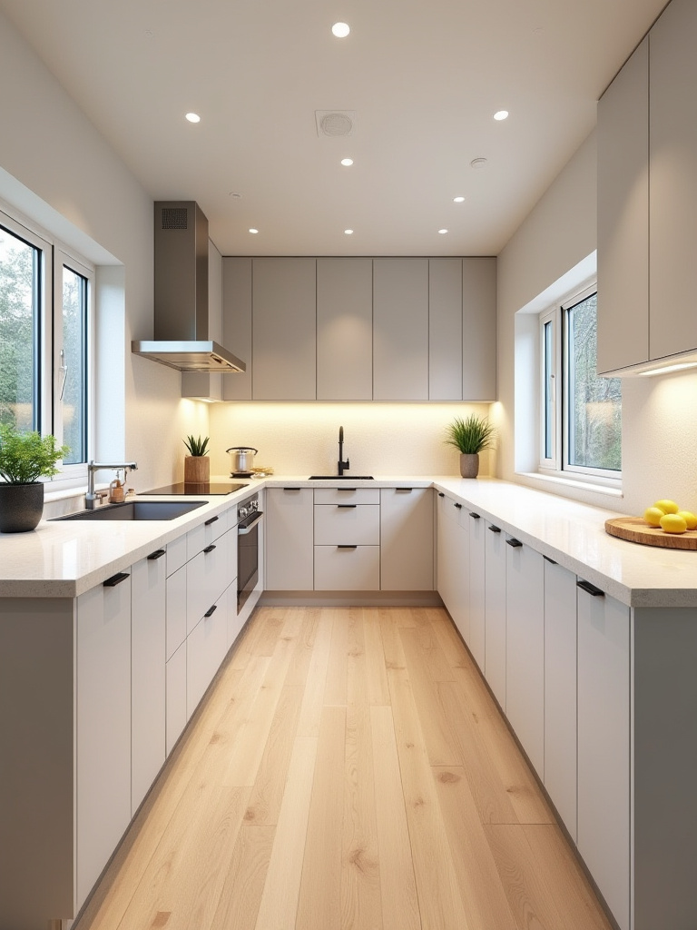 A modern, universally designed kitchen featuring multi-height countertops, accessible pull-out cabinet shelves, a side-opening oven, and wide, clear pathways with contrasting flooring, showcasing a blend of accessibility and contemporary style.