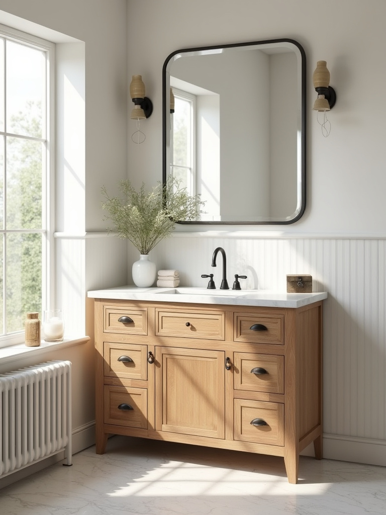 Portrait view of a timeless farmhouse vanity with oak cabinet, white marble countertop, and simple hardware in a sunlit bathroom.