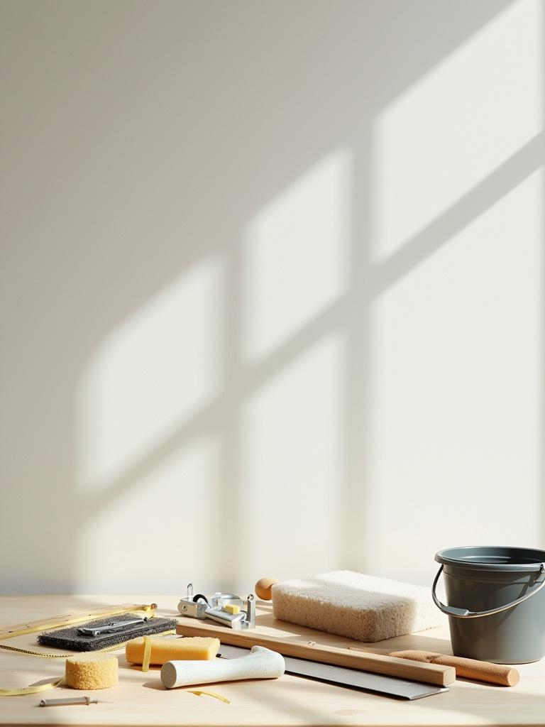 A neatly arranged collection of wallpaper installation tools, including a utility knife, smoothing brush, seam roller, and plumb bob, on a light-colored workbench.