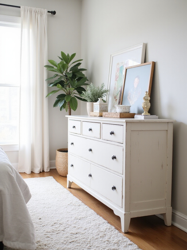 Portrait of a refreshed bedroom dresser with new hardware and a soft-painted finish