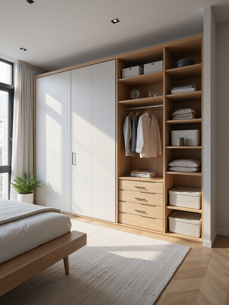 Floor-to-ceiling storage and shelving in a modern bedroom