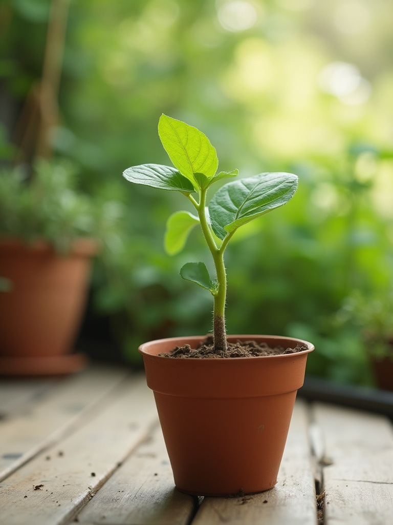 Portrait of a single potted plant undergoing hardening off on a shaded patio