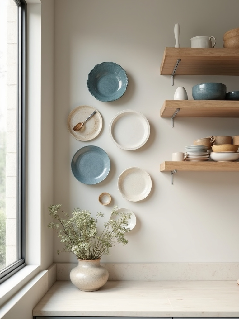 A curated grouping of decorative plates and platters on a kitchen wall forming an elegant display