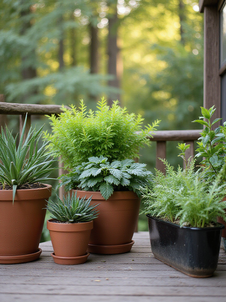 Portrait of grouped patio plants by environmental needs in terracotta and glazed pots on a wooden deck