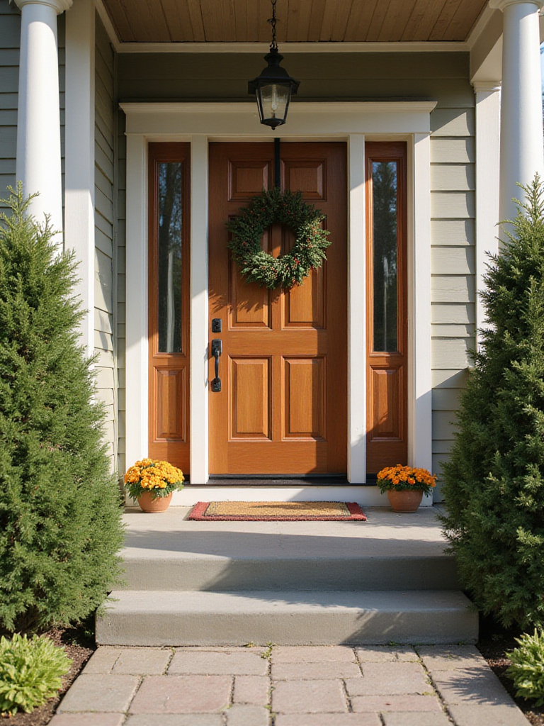 Vertical front entry with seasonal wreath on door, welcoming curb appeal
