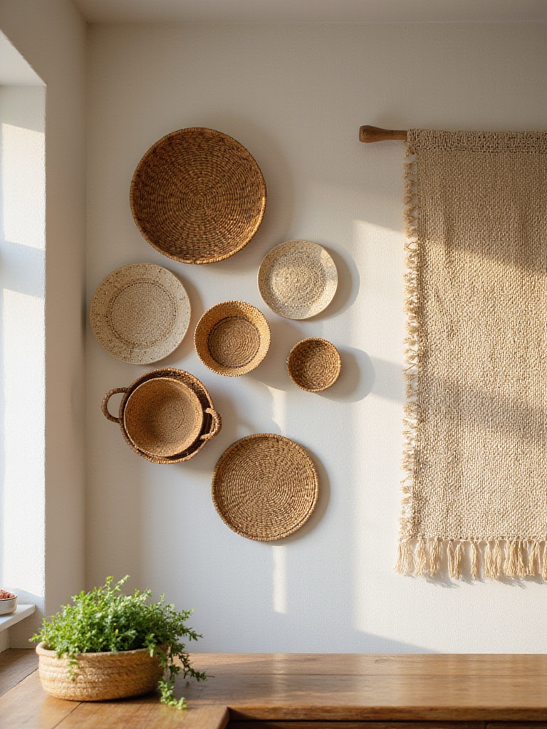 Vertical kitchen wall display with woven baskets and a tapestry for warmth and texture