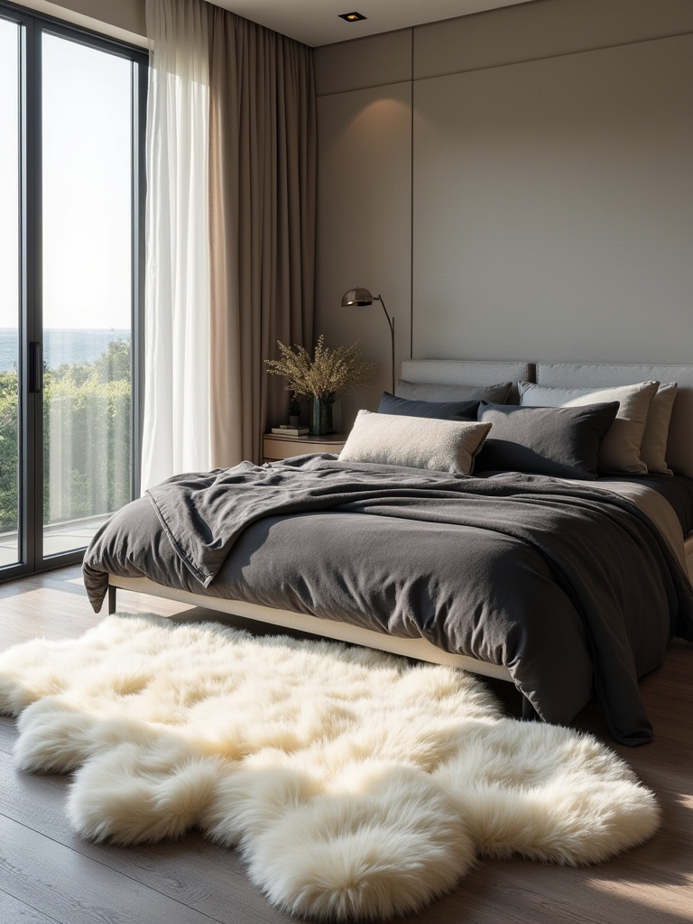 A close-up view of a bedroom rug, showing a harmonious blend of geometric patterns and soft textures with complementary bedding, enhancing bedroom aesthetics.