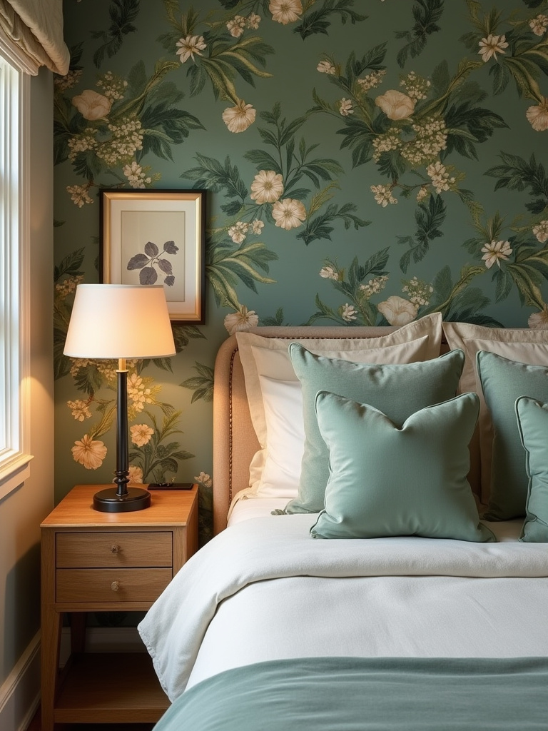 Bedroom interior with botanical wallpaper, cream linen bedding, sage green velvet pillows, and wooden furniture, showcasing cohesive design harmony between wallpaper, textiles, and decor.