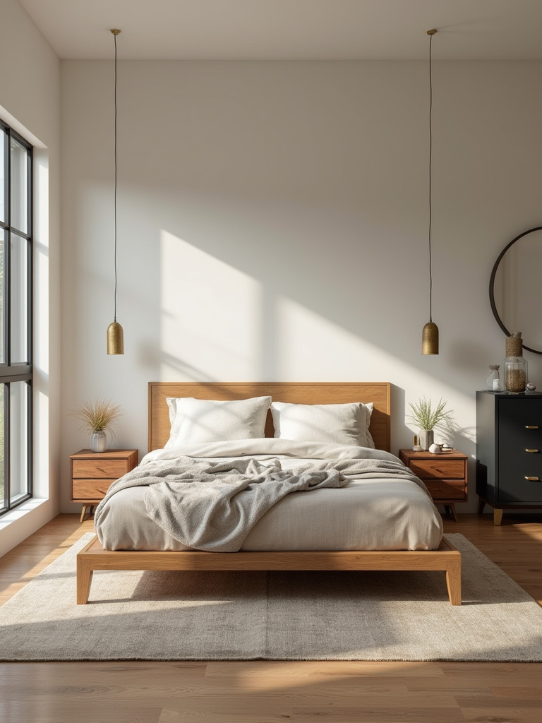 Cohesive bedroom with harmonized wood tones and finishes