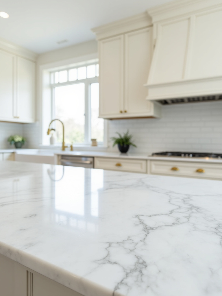 Honed Carrara marble kitchen countertop in a traditional kitchen, showcasing elegant and durable material for timeless design.