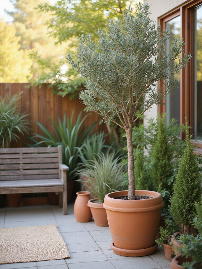 Portrait of a cohesive patio plant setup with anchor plant in a terracotta pot and coordinated planters during golden hour