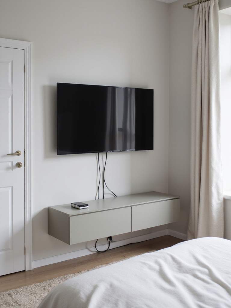 Modern bedroom featuring a wall-mounted TV and floating credenza with perfectly hidden electrical cables and wires, showcasing pristine cable management for an uninterrupted aesthetic.