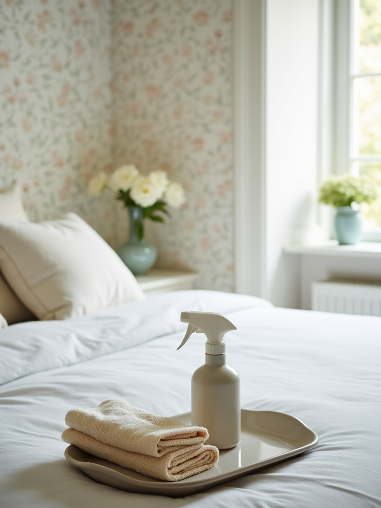 Vibrant bedroom wallpaper showing signs of careful maintenance with a microfiber cloth and cleaning solution, symbolizing longevity and proper care.