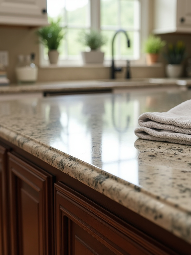 A clean, polished granite countertop next to a gleaming dark wood traditional kitchen cabinet, illuminated by natural light, symbolizing effective kitchen maintenance.