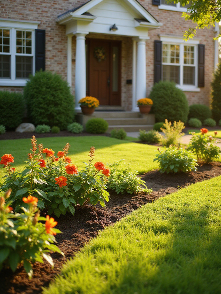 Front yard with weed-free beds and neatly pruned shrubs in morning light