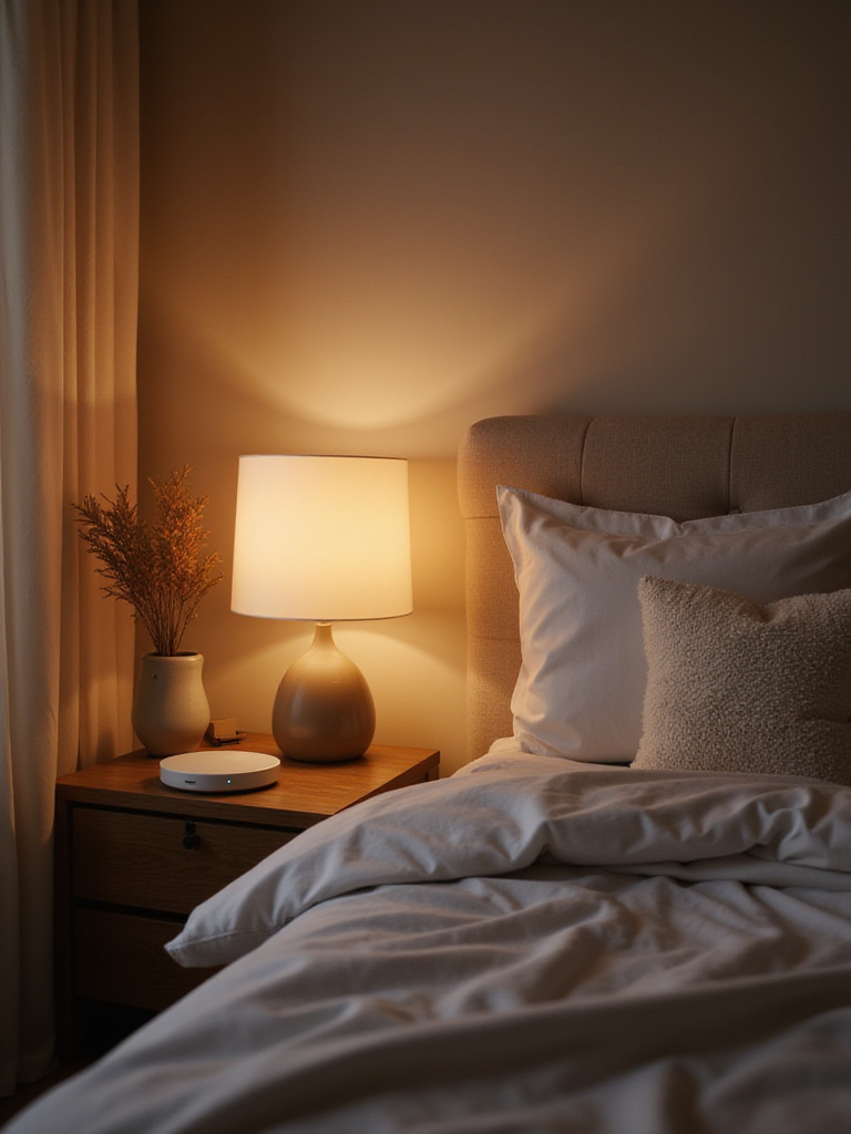 A serene bedroom scene featuring integrated smart home technology creating a warm, adjustable ambiance. A bedside table shows a subtle smart speaker, and smart lighting softly illuminates plush bedding and neutral decor.