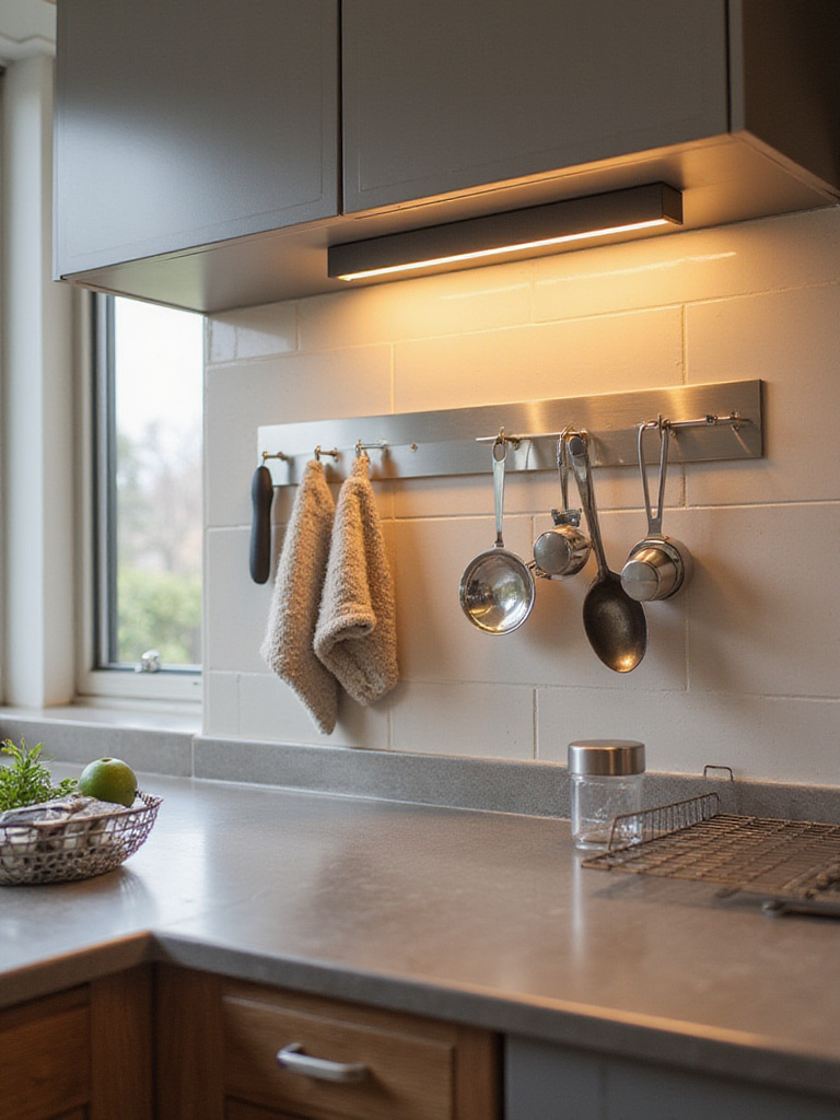 Modern kitchen wall with magnetic strips and hooks for organized storage