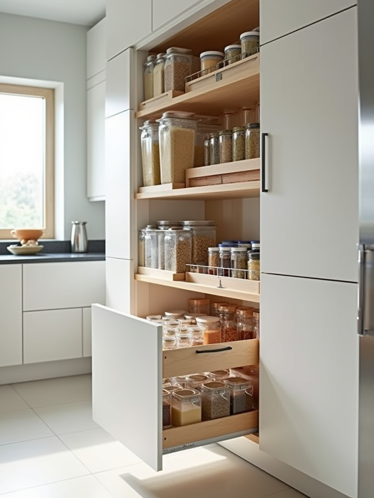 Modern kitchen with open pull-out pantry shelves displaying organized clear containers of food and spices.