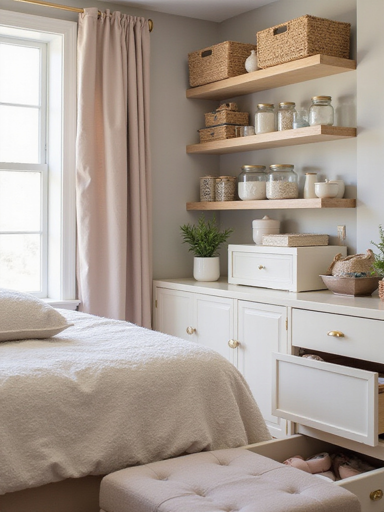 Bedroom corner with stylish storage: baskets, ottoman, and open shelves