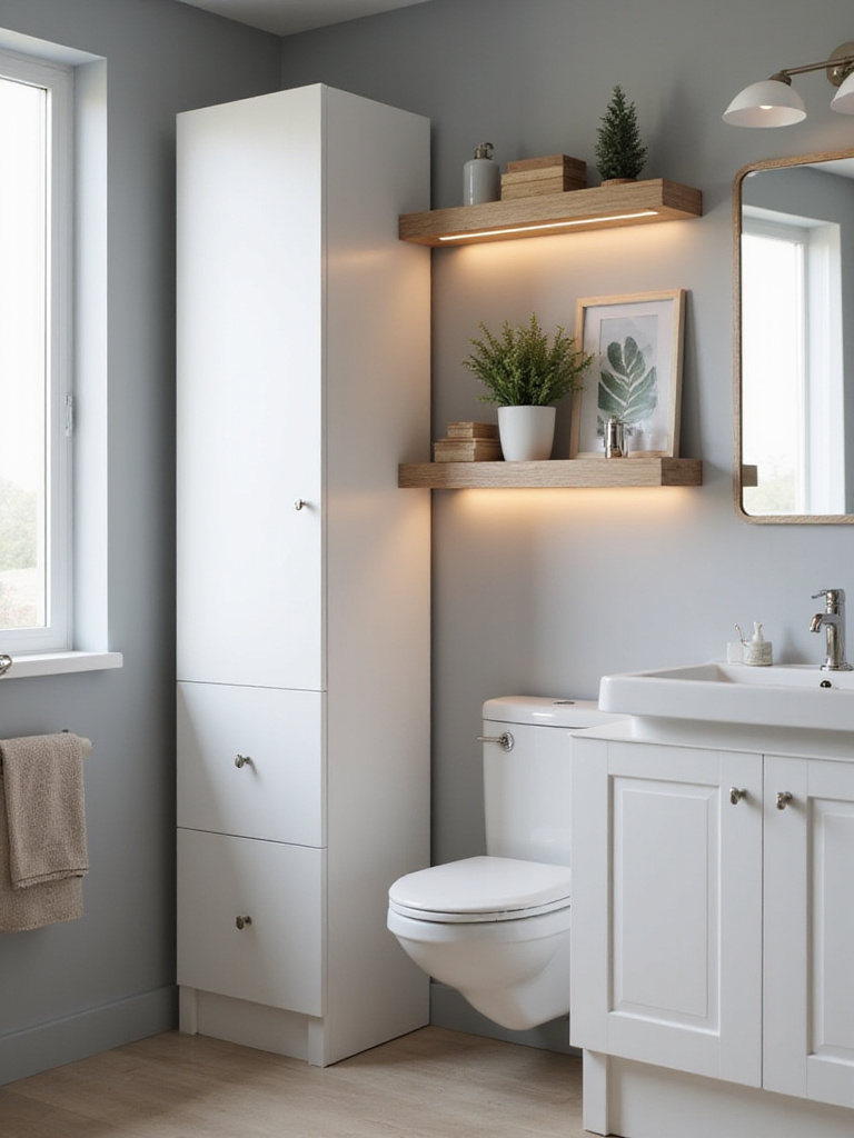 Tall bathroom storage cabinet and open shelves maximizing vertical space in a small bathroom