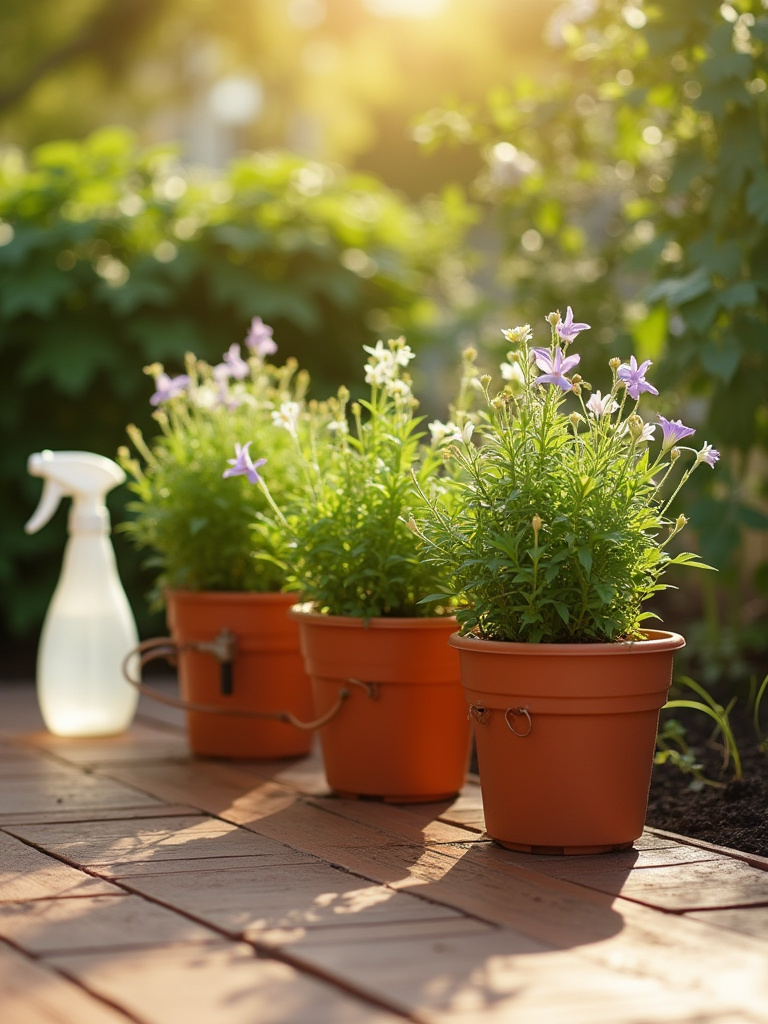Vertical photo of thriving patio planters with an unmarked fertilizer setup and drip irrigation on a wooden deck