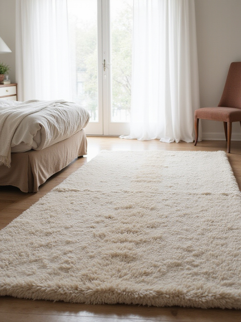 A serene bedroom featuring a large, plush wool rug under a minimalist bed, showcasing effective sound absorption for improved bedroom acoustics and a quiet, peaceful atmosphere. No people.