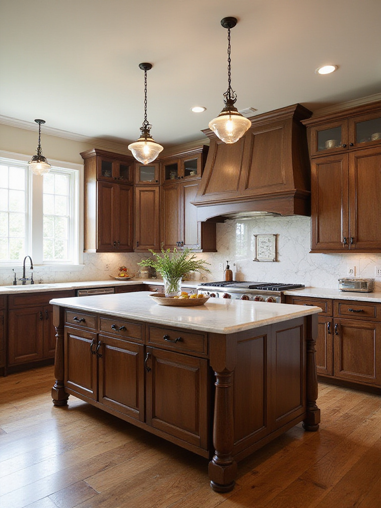 A large, dark-stained oak kitchen island with a white marble countertop in a traditional kitchen, serving as the central focal point.