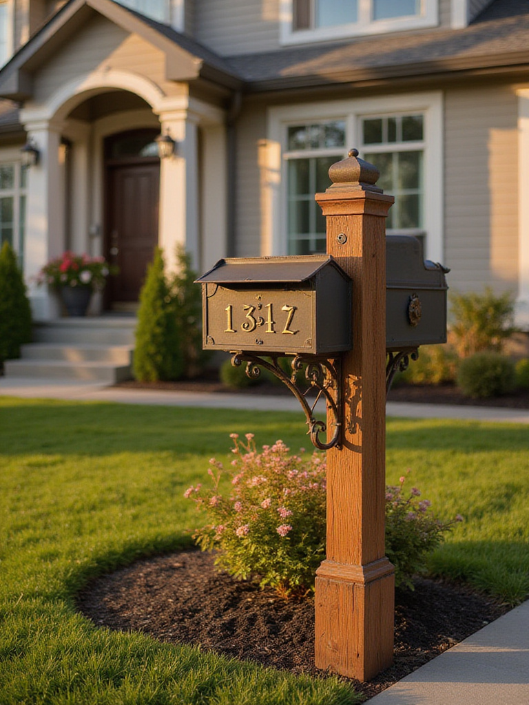 Front yard with decorative mailbox and bronze house numbers on a wooden post