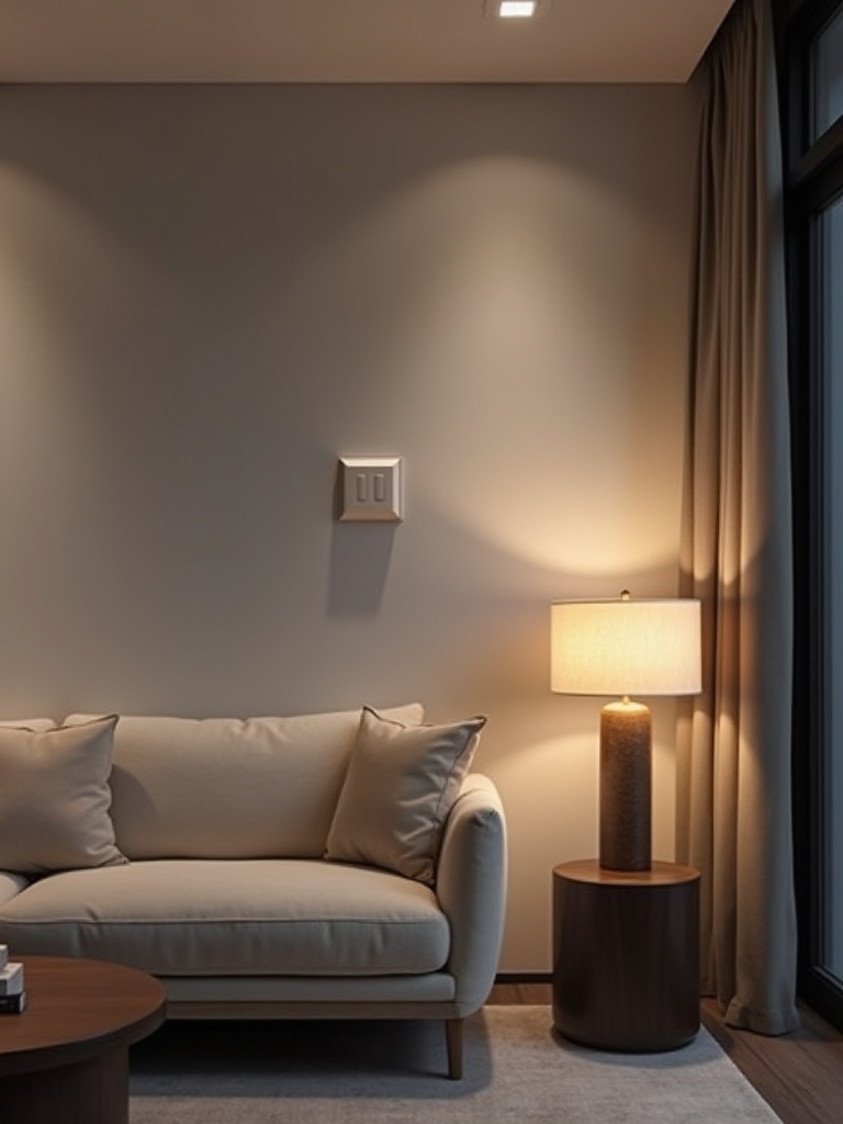 Modern living room showcasing the soft, versatile lighting created by an installed dimmer switch on a light gray wall next to a cozy sofa with throw pillows and a stylish floor lamp emitting a warm glow.