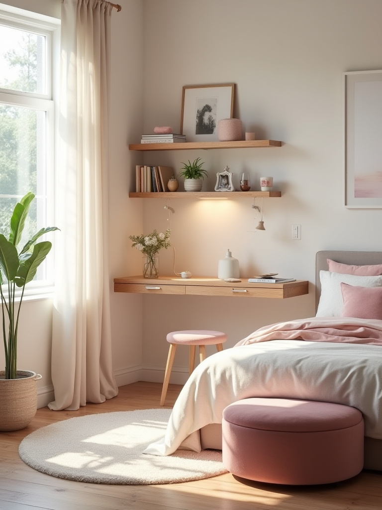 Compact velvet storage ottoman and slim floating desk setup in a cute bedroom