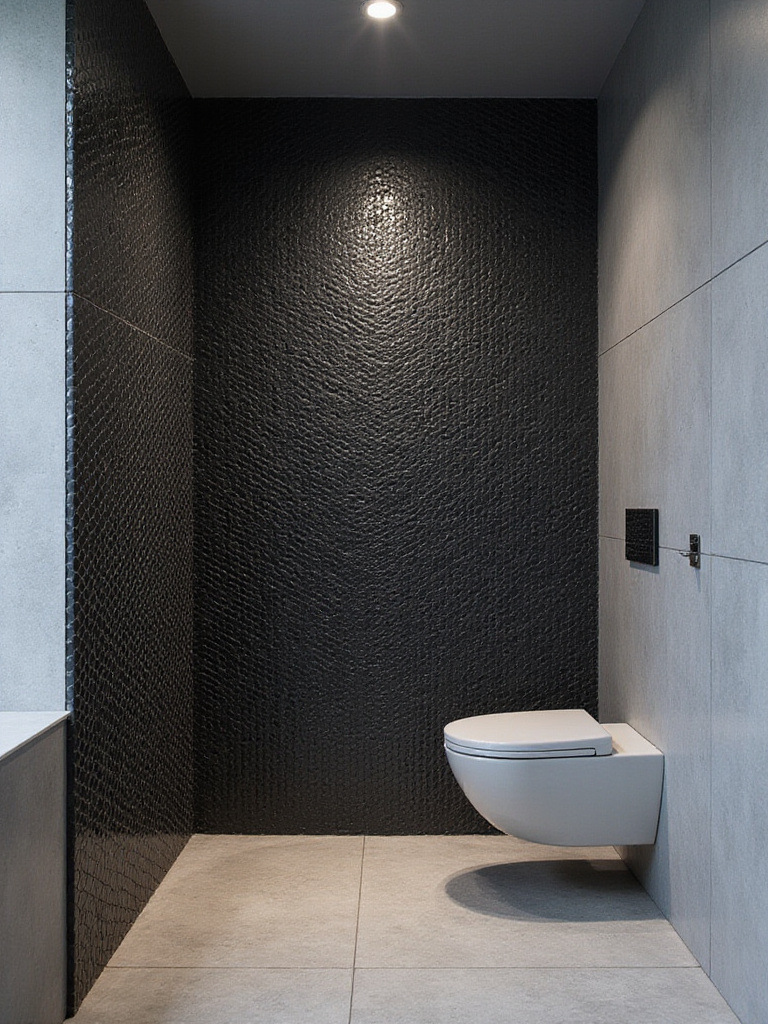Modern bathroom with an accent wall covered in dynamic black geometric hexagon tiles, showcasing a modern bathroom tile design trend.