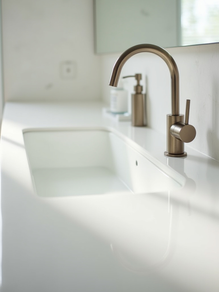 Modern bathroom with hands-free technology including a sleek touchless faucet and automatic soap dispenser on a pristine countertop, highlighting enhanced hygiene and convenience.