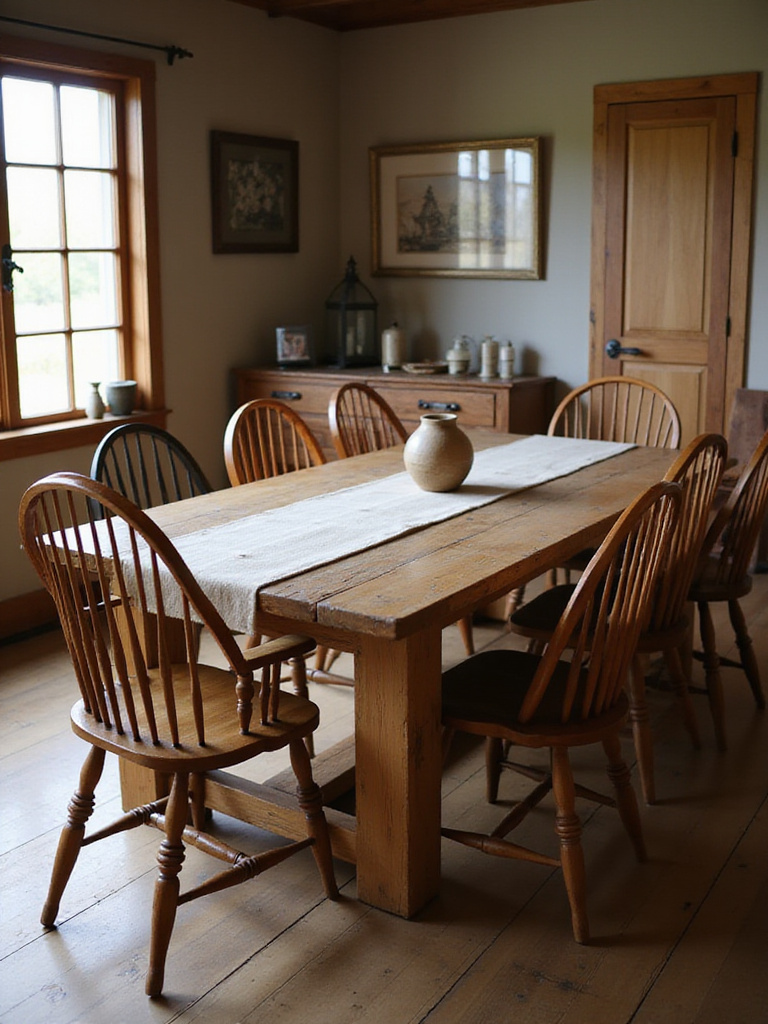 Rustic dining room with mismatched wooden chairs around a long table