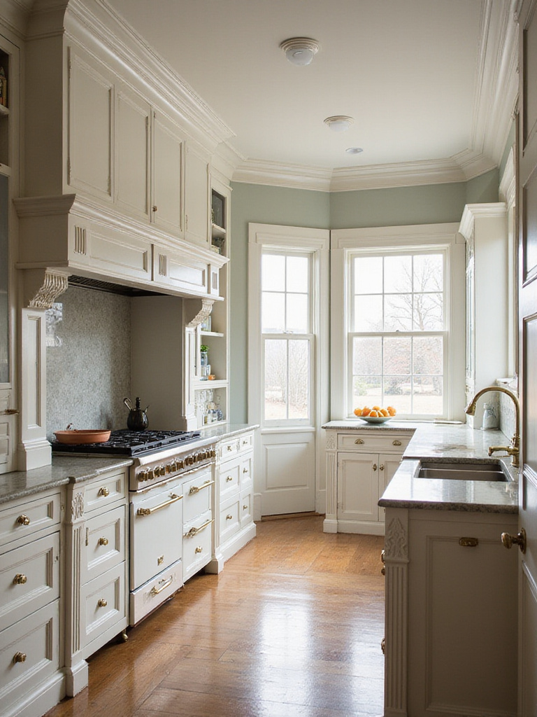Traditional kitchen interior featuring seamlessly integrated period architectural details, including fluted pilasters, crown molding, and window casings.