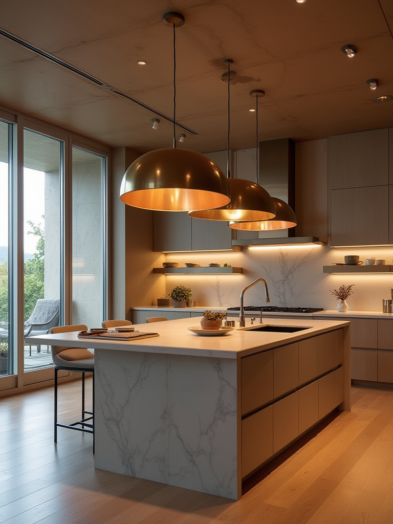 Modern kitchen with bold statement lighting above island