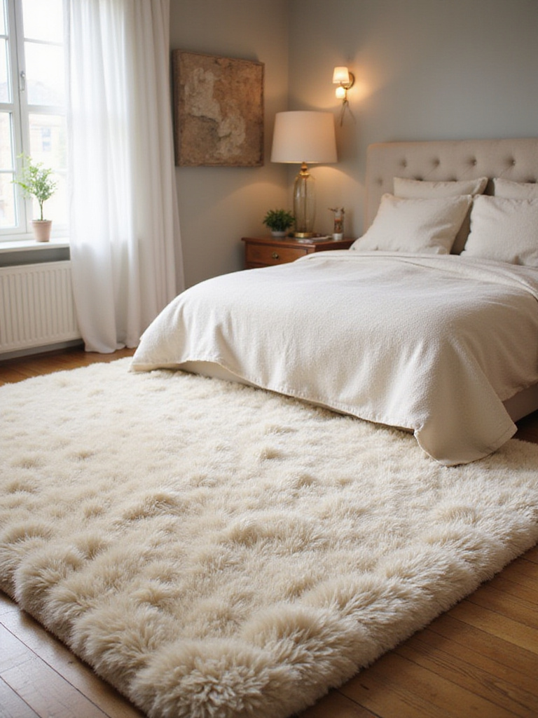 Cozy bedroom with a large, thick, cream-colored wool rug providing warmth and texture underfoot beside a bed, creating a serene and inviting atmosphere.