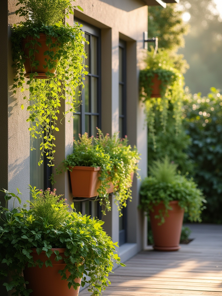 Vertical patio with trailing plants cascading over edges