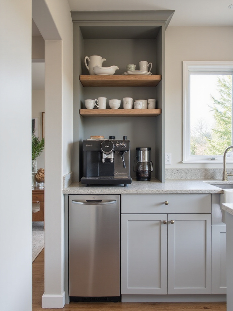 Modern kitchen coffee bar with built-in espresso machine, open shelving for mugs, stone countertop, integrated waste bin, and natural light.